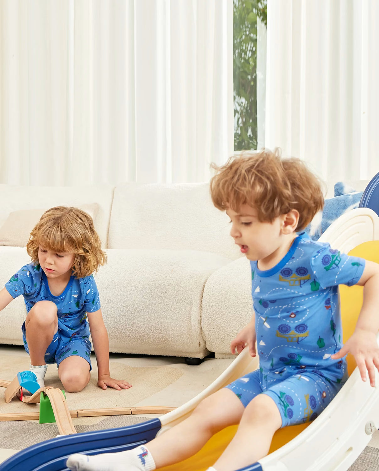 AzureCar Tracks Short Two-Piece Pajama Set, azurecar tracks bamboo short two piece pjs lifestyle 04