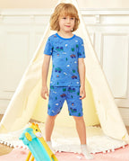 AzureCar Tracks Short Two-Piece Pajama Set, azurecar tracks bamboo short two piece pjs lifestyle 05