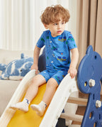 AzureCar Tracks Short Two-Piece Pajama Set, azurecar tracks bamboo short two piece pjs lifestyle 06