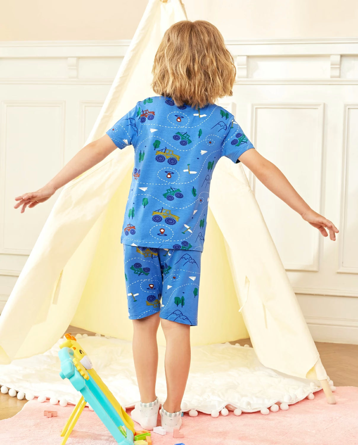 AzureCar Tracks Short Two-Piece Pajama Set, azurecar tracks bamboo short two piece pjs lifestyle 07