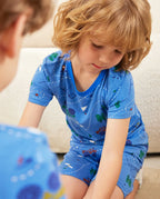 AzureCar Tracks Short Two-Piece Pajama Set, azurecar tracks bamboo short two piece pjs lifestyle 08