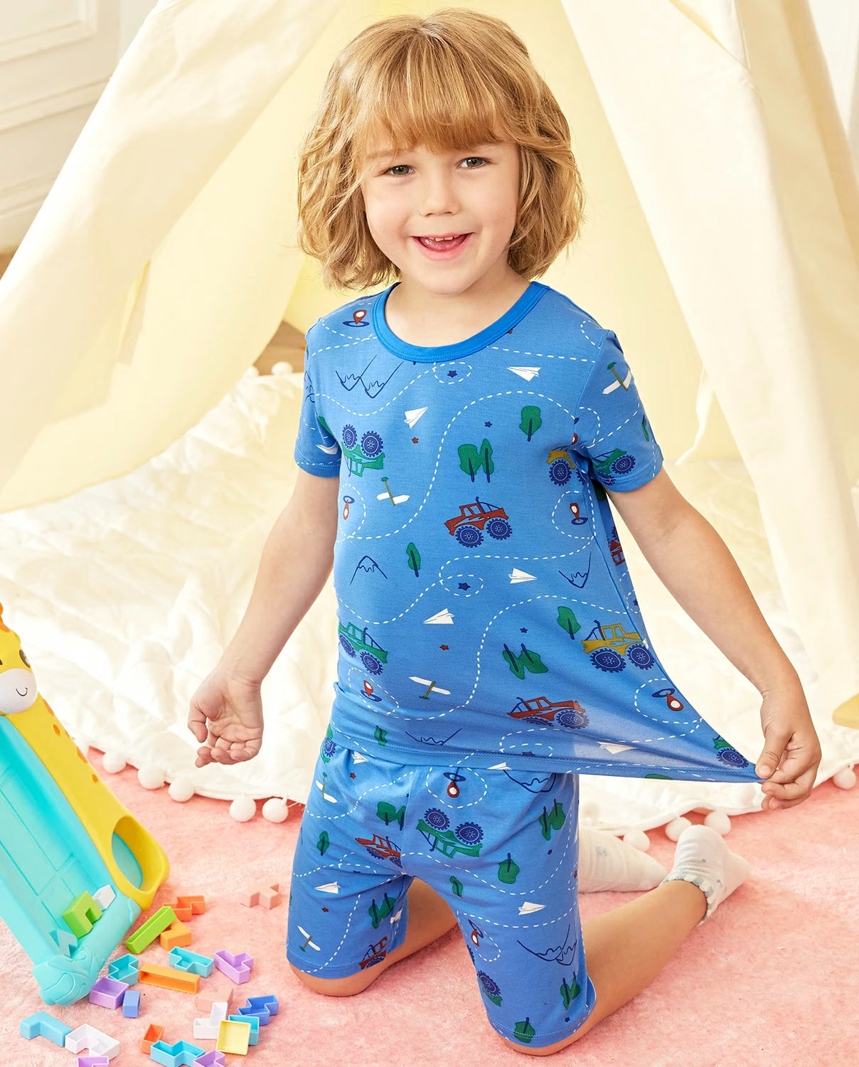 AzureCar Tracks Short Two-Piece Pajama Set, azurecar tracks bamboo short two piece pjs lifestyle 09
