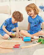 AzureCar Tracks Short Two-Piece Pajama Set, azurecar tracks bamboo short two piece pjs lifestyle 10