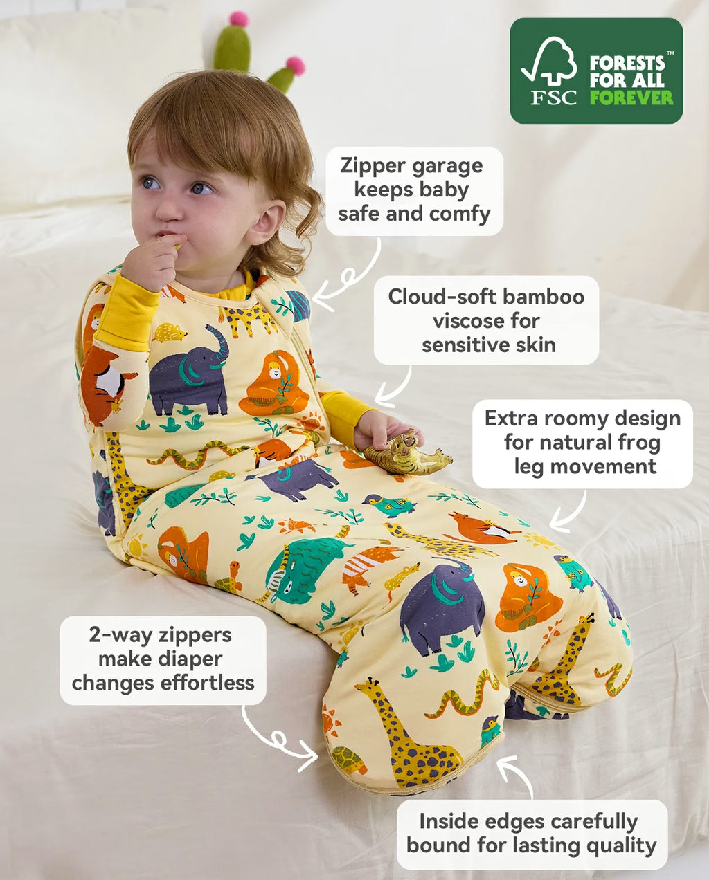 Animal Dreamland Bamboo Baby Sleep Sack, fabric information graphic