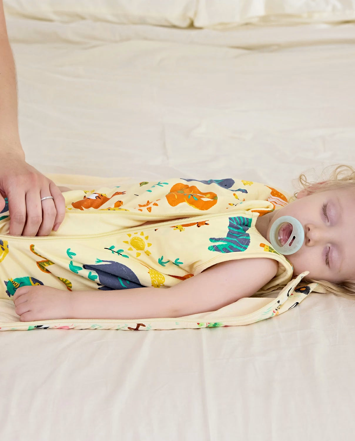 Animal Dreamland Bamboo Baby Sleep Sack, close-up lifestyle view