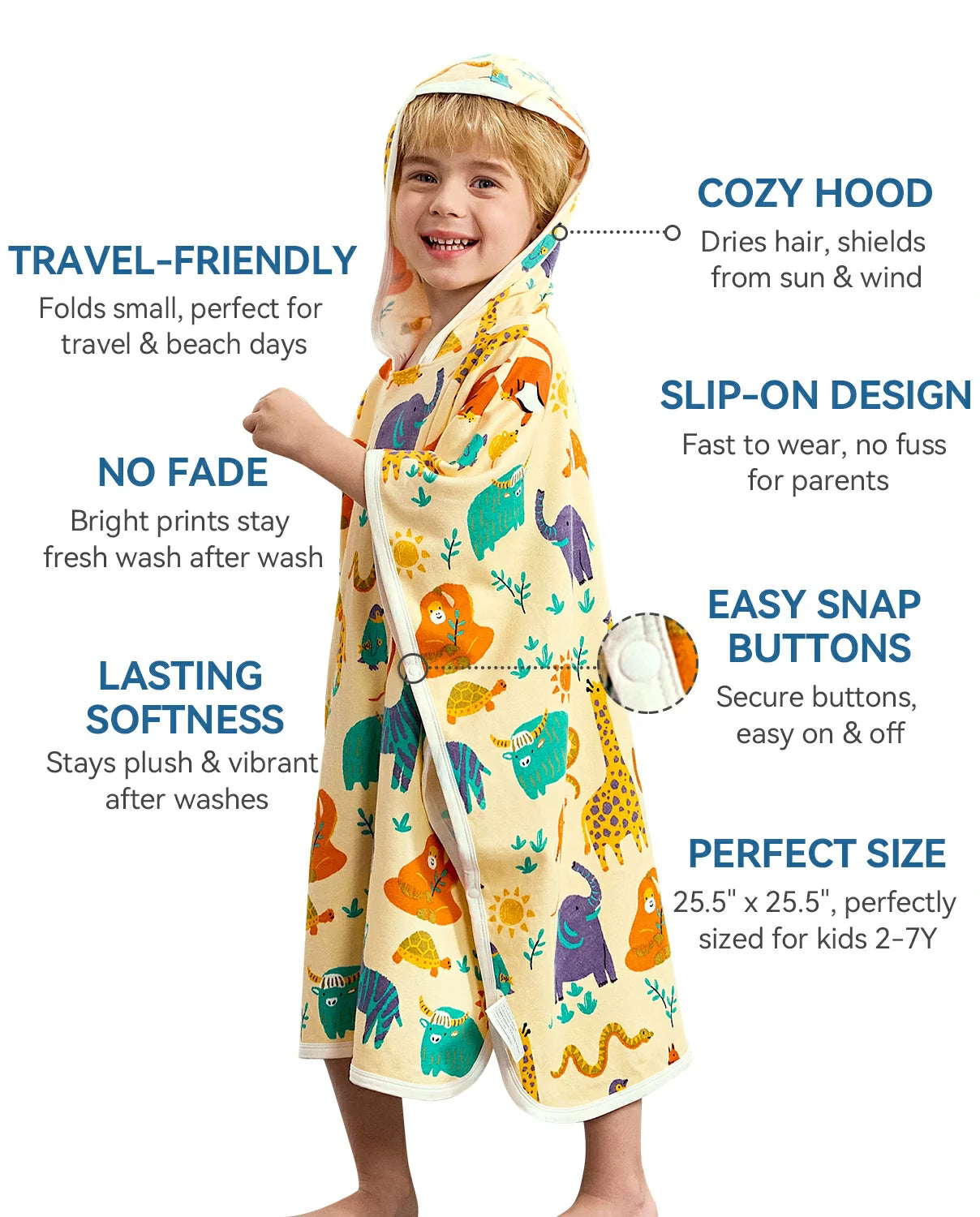 Animal Dreamland Hooded Toddler Bath Towel, product features infographic
