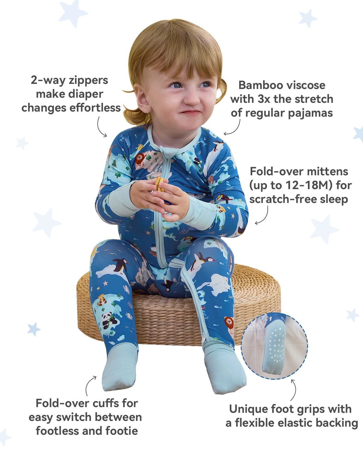 Animal Map Bamboo Zippy, animal map bamboo zippy features two way zip mittens foot grips 02