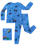 AzureCar Tracks Long Two-Piece Pajama Set, blue car two piece pajama set main