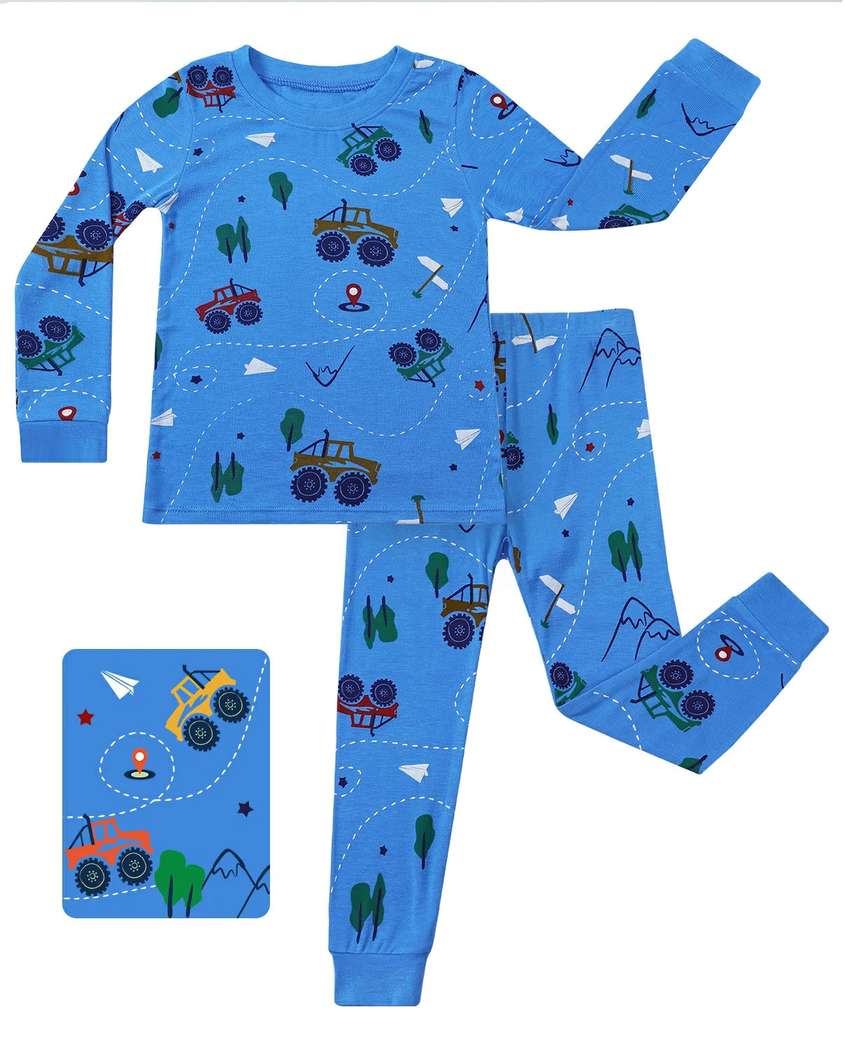 AzureCar Tracks Long Two-Piece Pajama Set, blue car two piece pajama set main