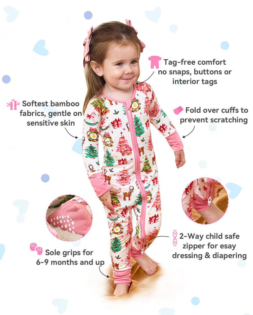 Blush Christmas product information graphic with zipper, cuff and sole-grip detail insets.