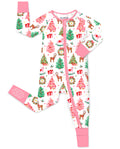 Blush Christmas zip-up romper with pink trim and sole-grip cuff, laid flat on white.
