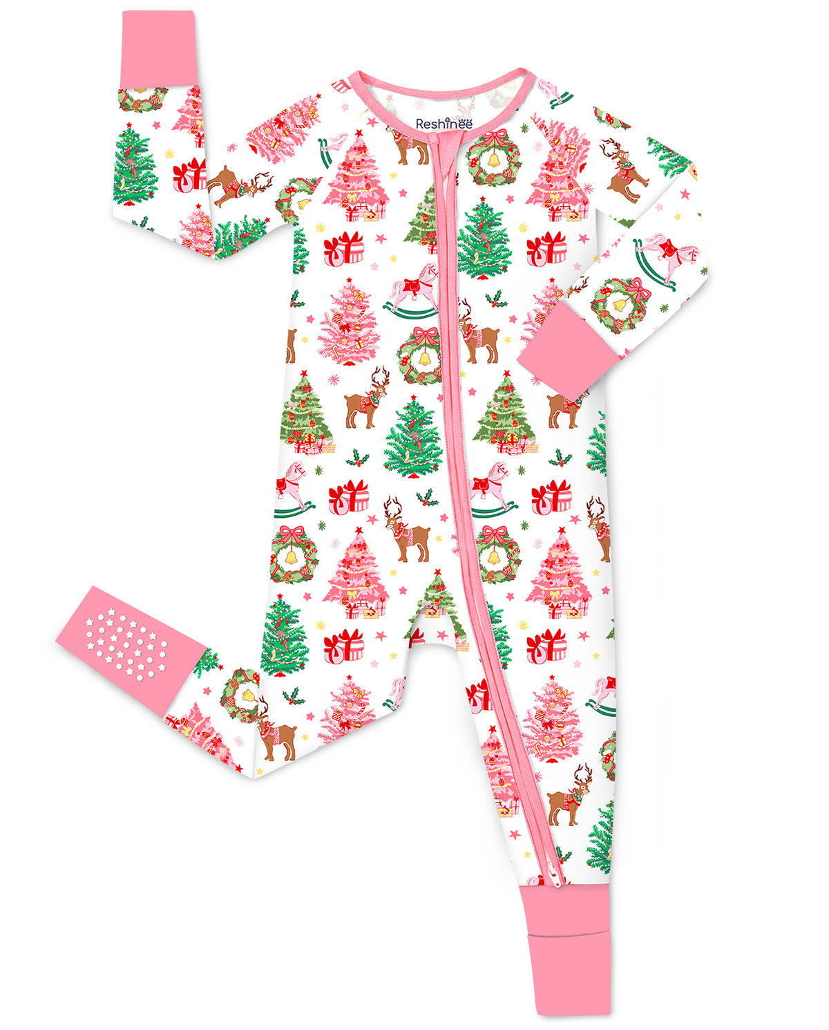 Blush Christmas zip-up romper with pink trim and sole-grip cuff, laid flat on white.