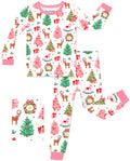 Blush Christmas long-sleeve top and matching pants with pink trim, laid flat on white.