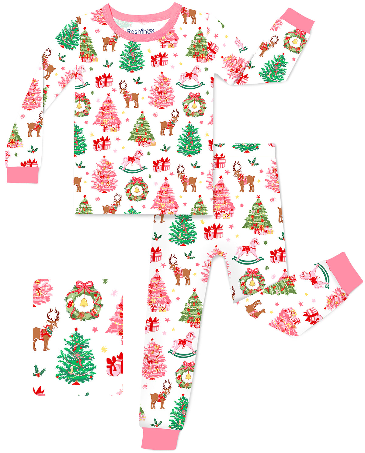 Blush Christmas long-sleeve top and matching pants with pink trim, laid flat on white.