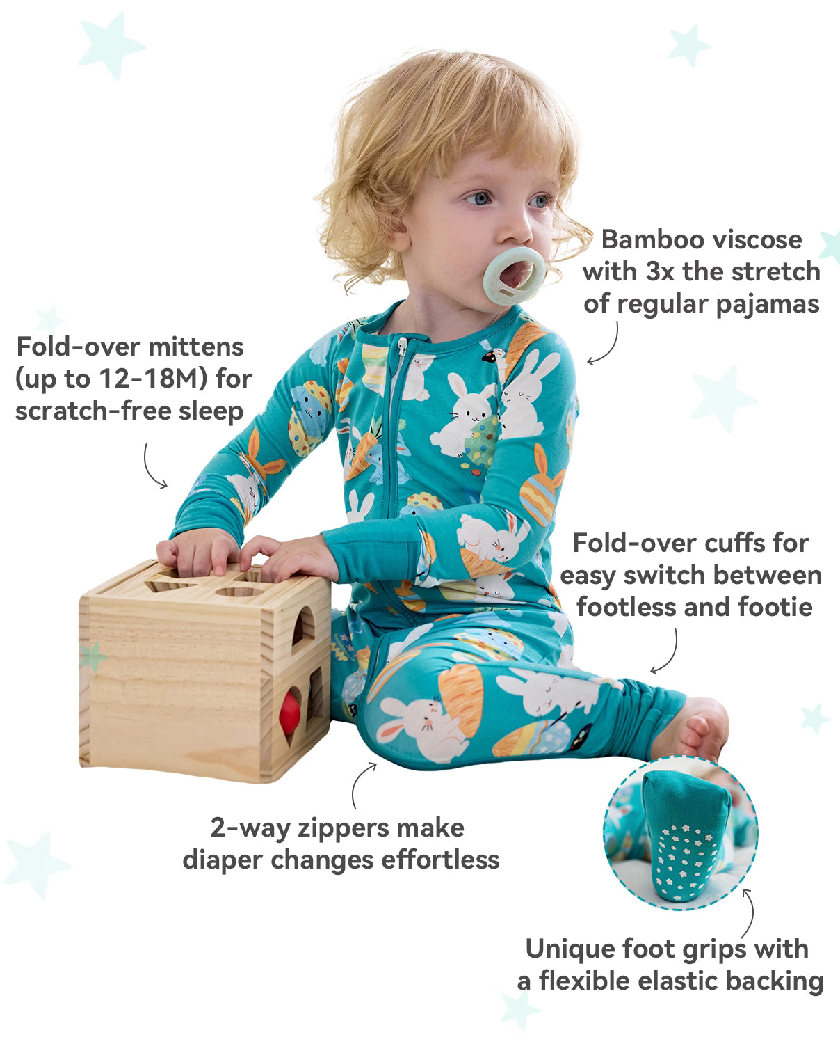 Bunny &amp; Eggs Bamboo Zippy, bunny and eggs bamboo zippy features two way zip mittens cuffs grips 02