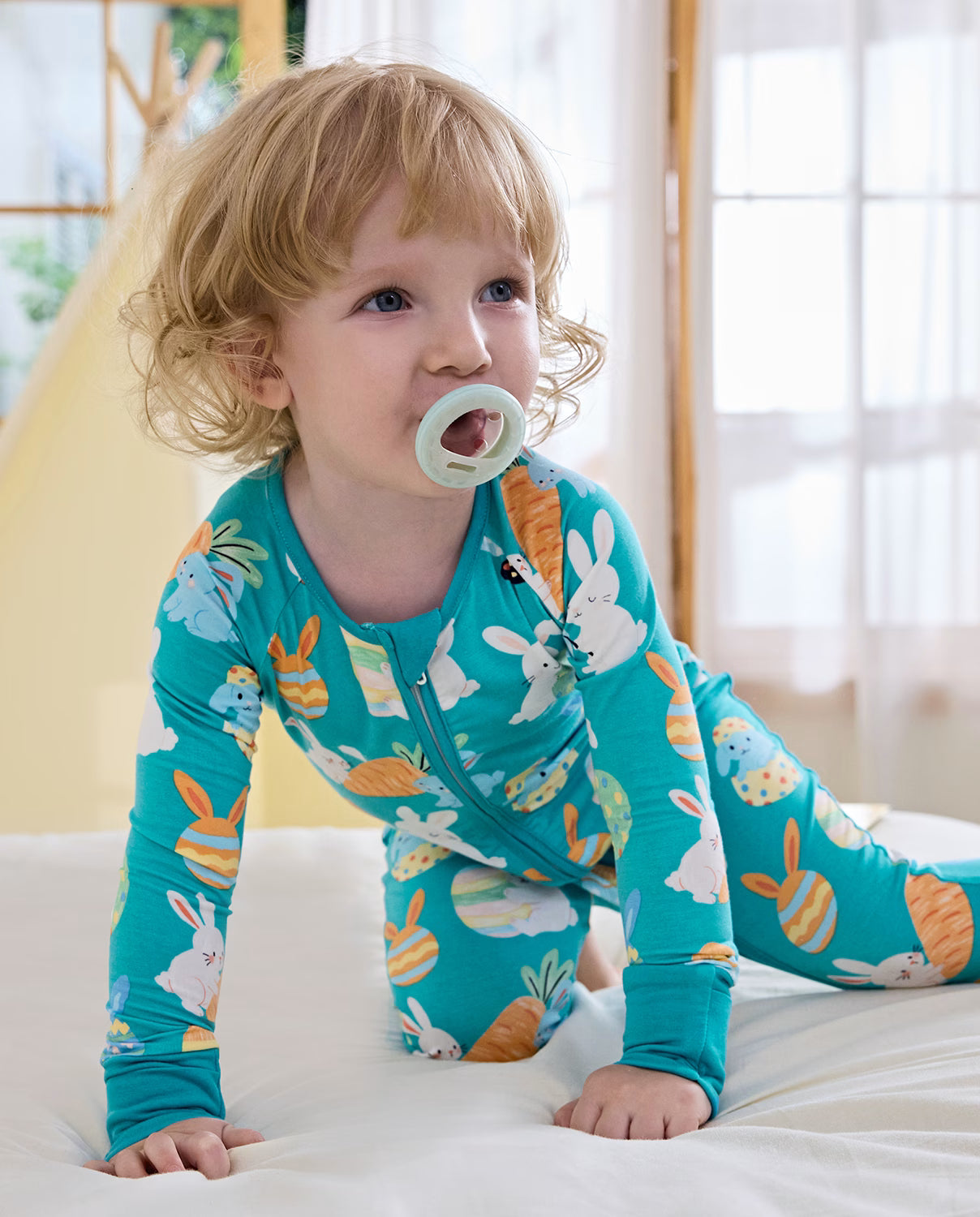 Bunny &amp; Eggs Bamboo Zippy, bunny and eggs bamboo zippy lifestyle crawling on bed 06