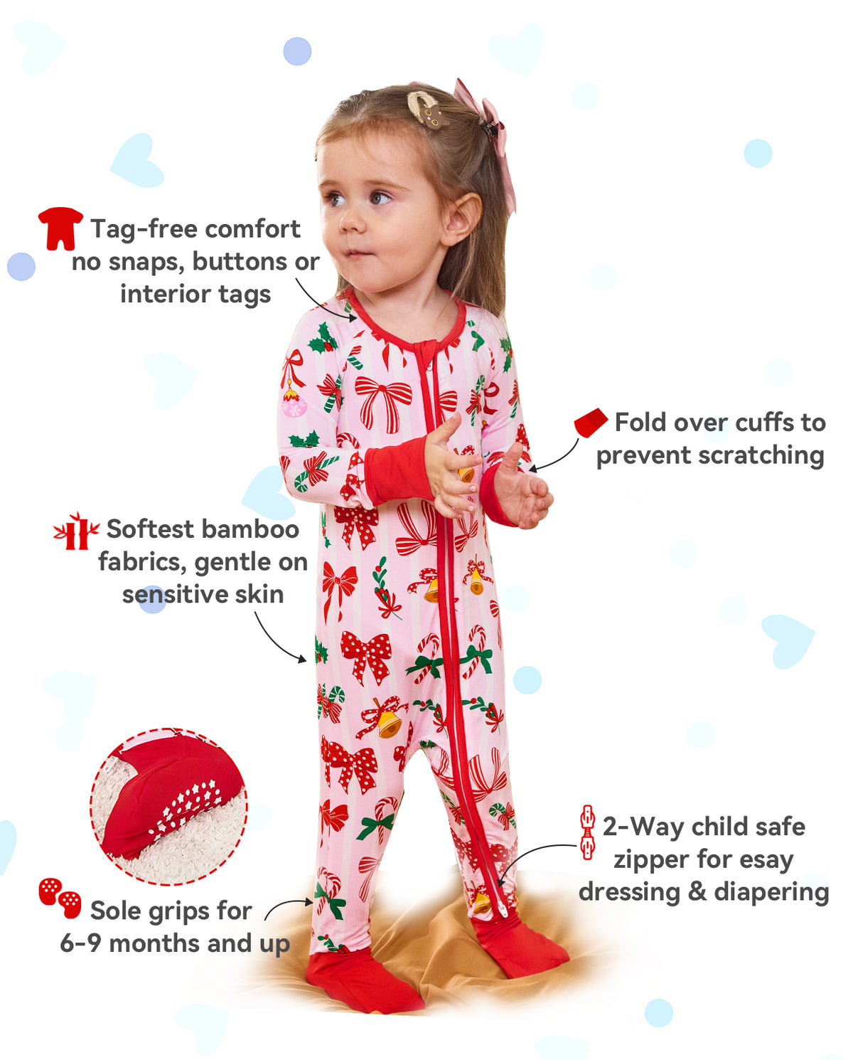 Christmas Bow product information graphic with zipper, cuff and sole-grip detail insets.