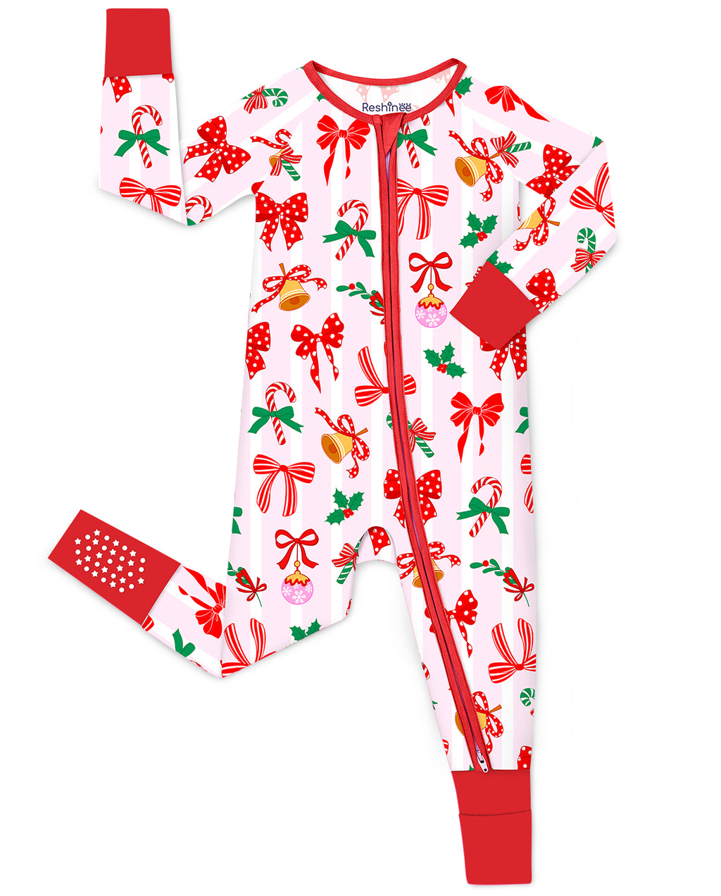 Christmas Bow zip-up romper with red trim and visible sole grips, laid flat on white.