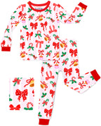 Christmas Bow long-sleeve top and matching pants with red trim, laid flat on white.