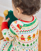 Close-up of the Christmas Fair Isle Bamboo Zippy back neckline, gingerbread friends and colored stripes