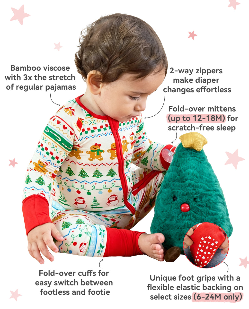 Christmas Fair Isle Bamboo Zippy feature graphic showing the two-way zipper, fold-over cuffs and foot grips