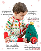 Christmas Fair Isle Bamboo Zippy feature graphic showing the two-way zipper, fold-over cuffs and foot grips