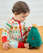 Close-up of a seated baby with a tree toy, showing gingerbread stripes on the Christmas Fair Isle Bamboo Zippy