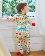 Back view of a baby standing by a window in the Christmas Fair Isle Bamboo Zippy