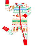 Christmas Fair Isle Bamboo Zippy flat lay on a white background with red cuffs, zipper and striped Christmas motifs