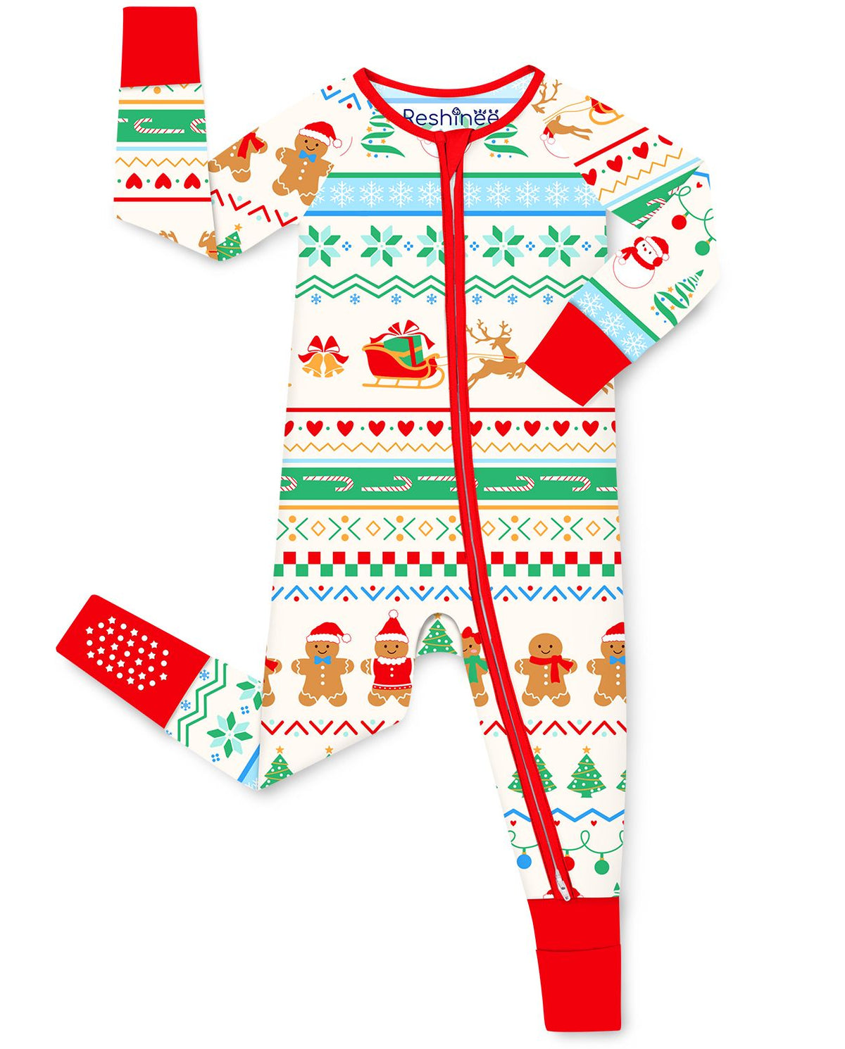 Christmas Fair Isle Bamboo Zippy flat lay on a white background with red cuffs, zipper and striped Christmas motifs