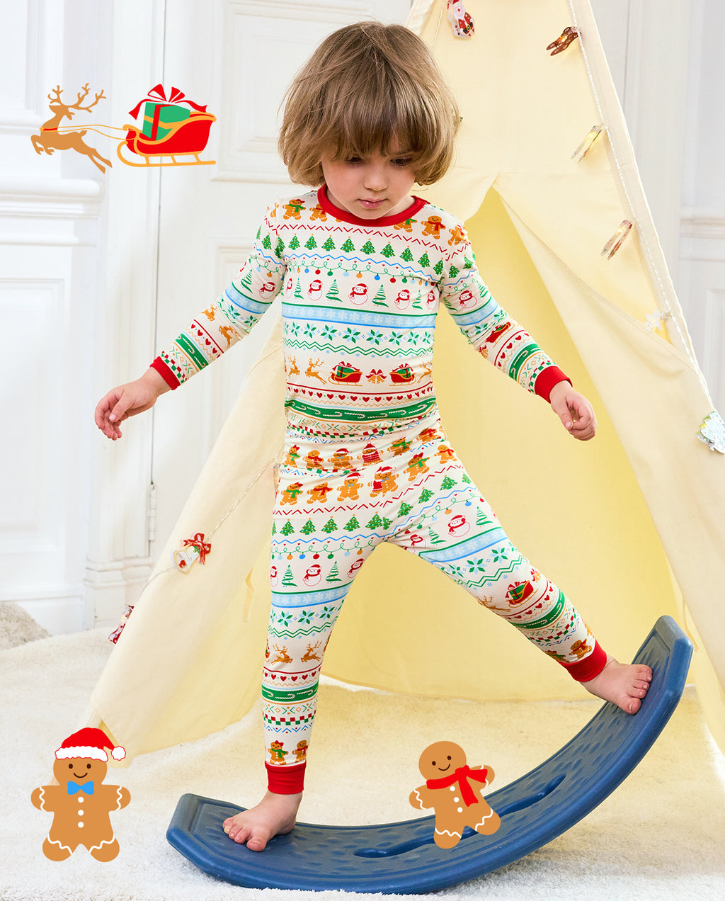 Child stepping onto a rocking toy in Christmas Fair Isle pajamas beside holiday illustrations