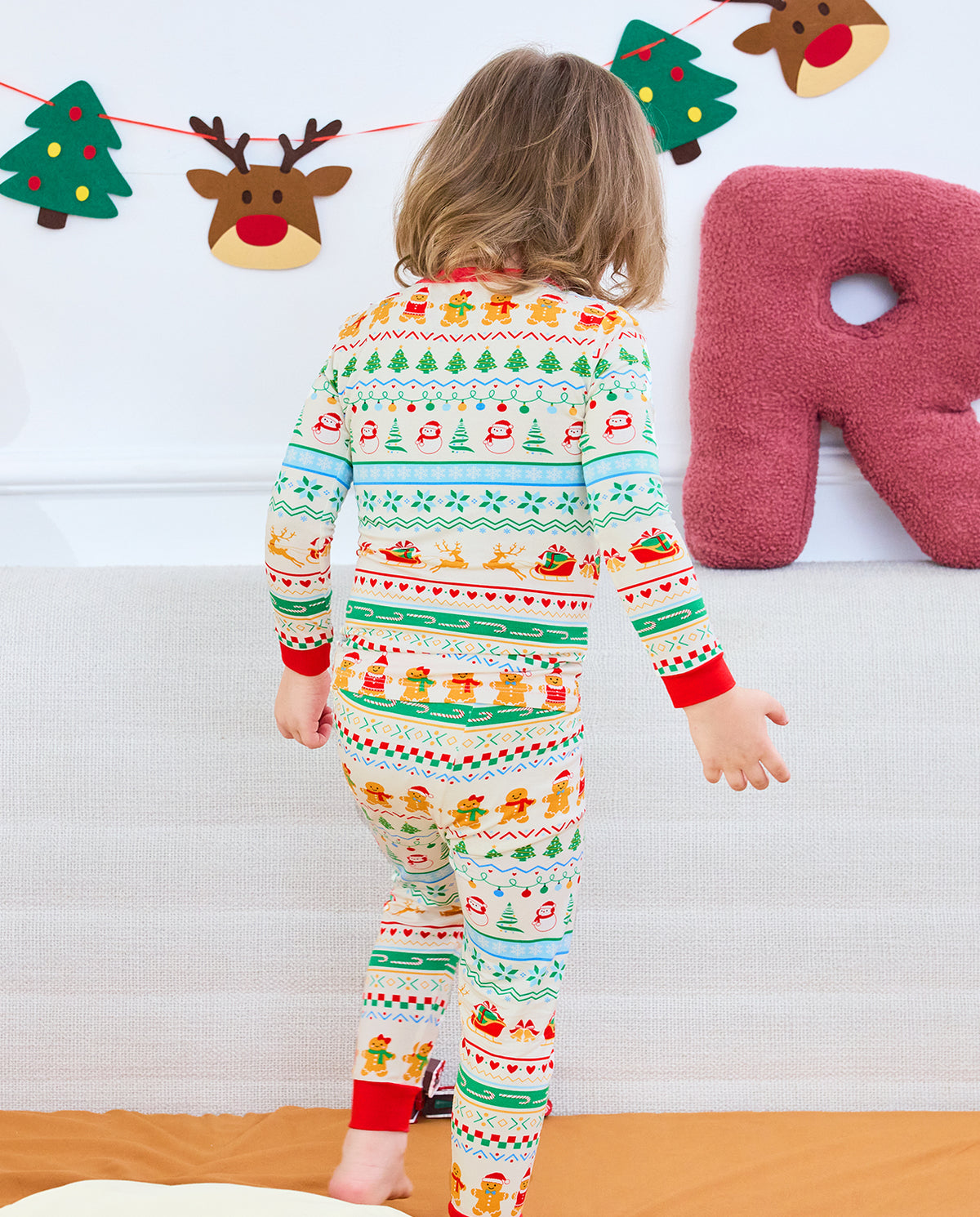 Full back view of Christmas Fair Isle top and pants with red cuffs