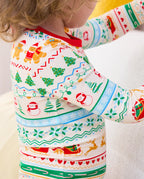 Detail of Christmas Fair Isle top showing multicolored festive rows and red collar