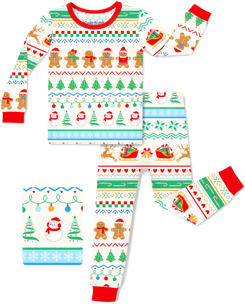 Christmas Fair Isle long-sleeve top and pants with red trim on a white background