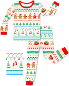 Christmas Fair Isle long-sleeve top and pants with red trim on a white background