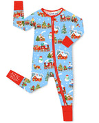 Christmas Trains Bamboo Zippy laid flat on white, showing light blue festive train print, red trim and an extended foot cuff with white grips.
