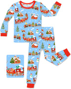 Christmas Trains long-sleeve top and matching pants with red trim, laid flat on white.