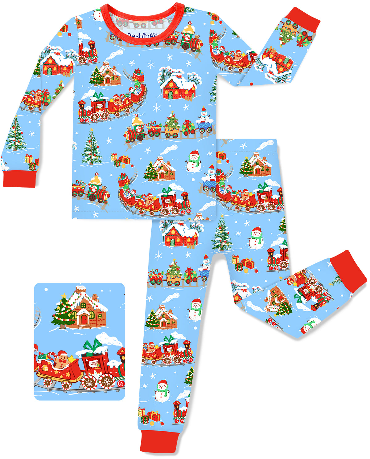 Christmas Trains long-sleeve top and matching pants with red trim, laid flat on white.