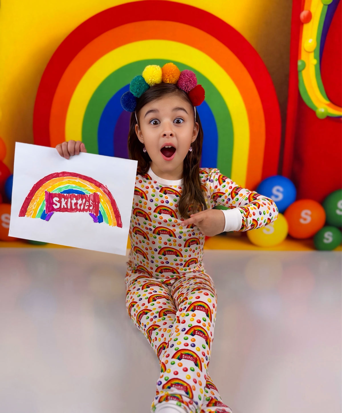Child showing her rainbow artwork beside matching Createe Cozee custom bamboo pajamas by babee Reshinee