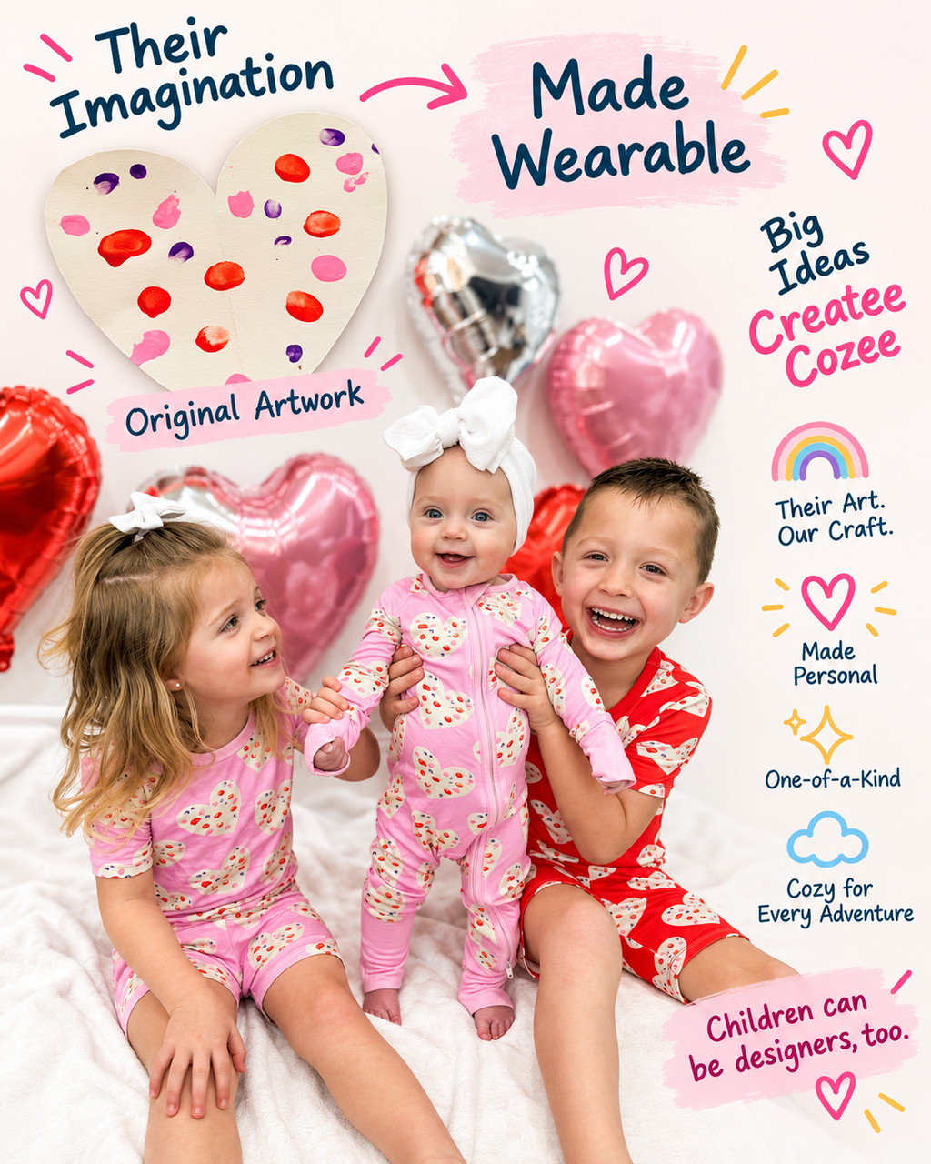 Three children wearing babee Reshinee Createe Cozee custom bamboo pajamas with pink and red heart prints