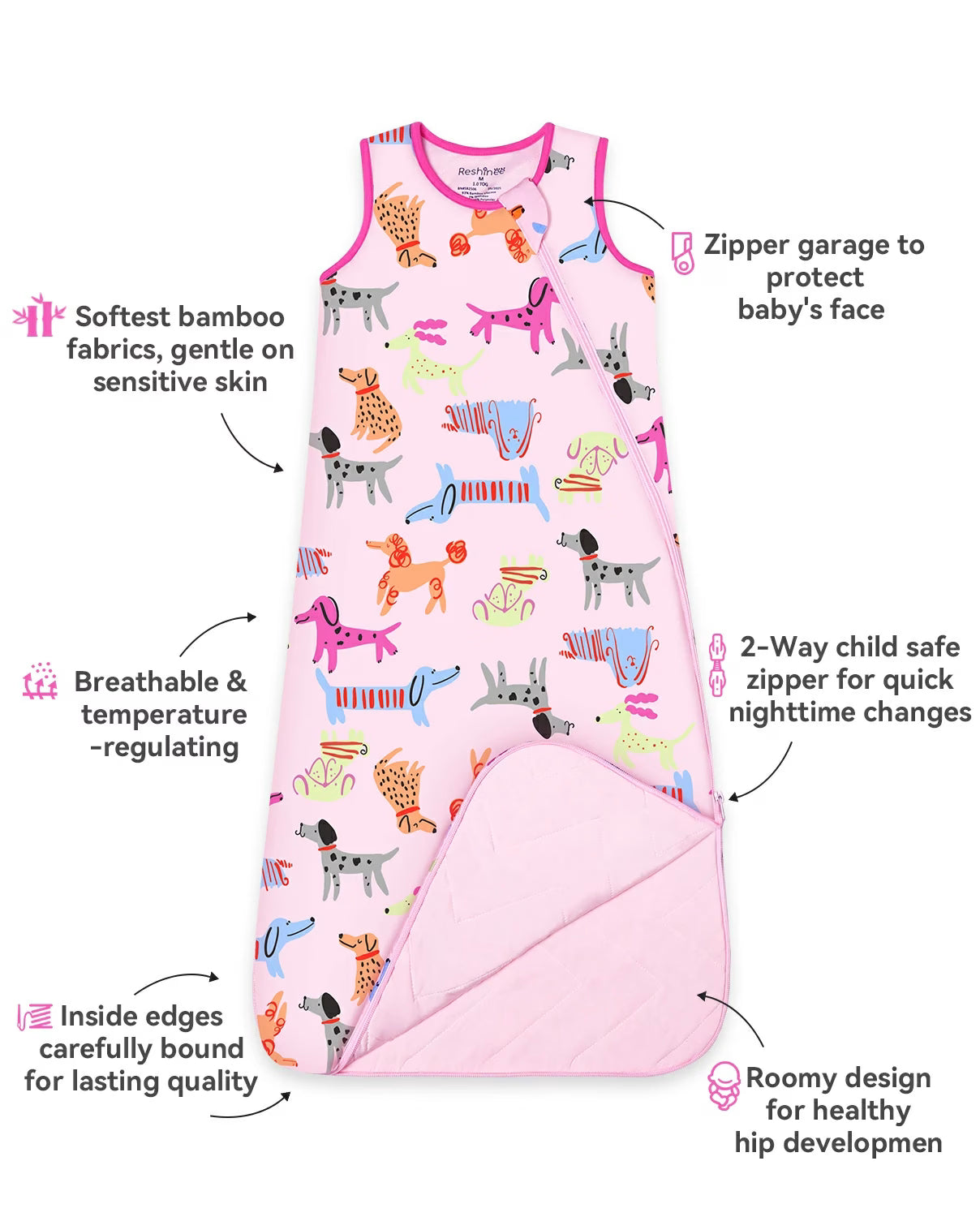 Dapper Dog Bamboo Baby Sleep Sack, dapper dog bamboo baby sleep sack 03 features infographic