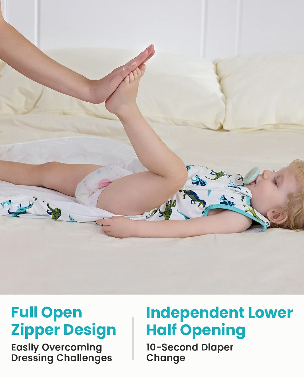 Dino Dreams Bamboo Baby Sleep Sack, two-way zipper diaper change detail