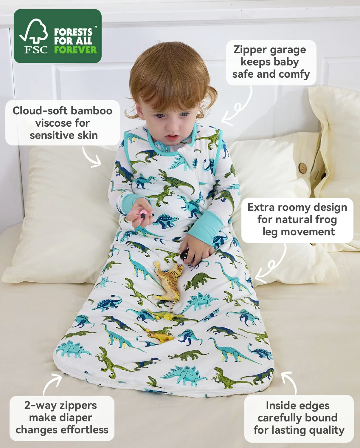 Dino Dreams Bamboo Baby Sleep Sack, fabric information graphic