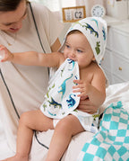 Dino Dreams Hooded Baby Bath Towels (2-Pack), close-up lifestyle view