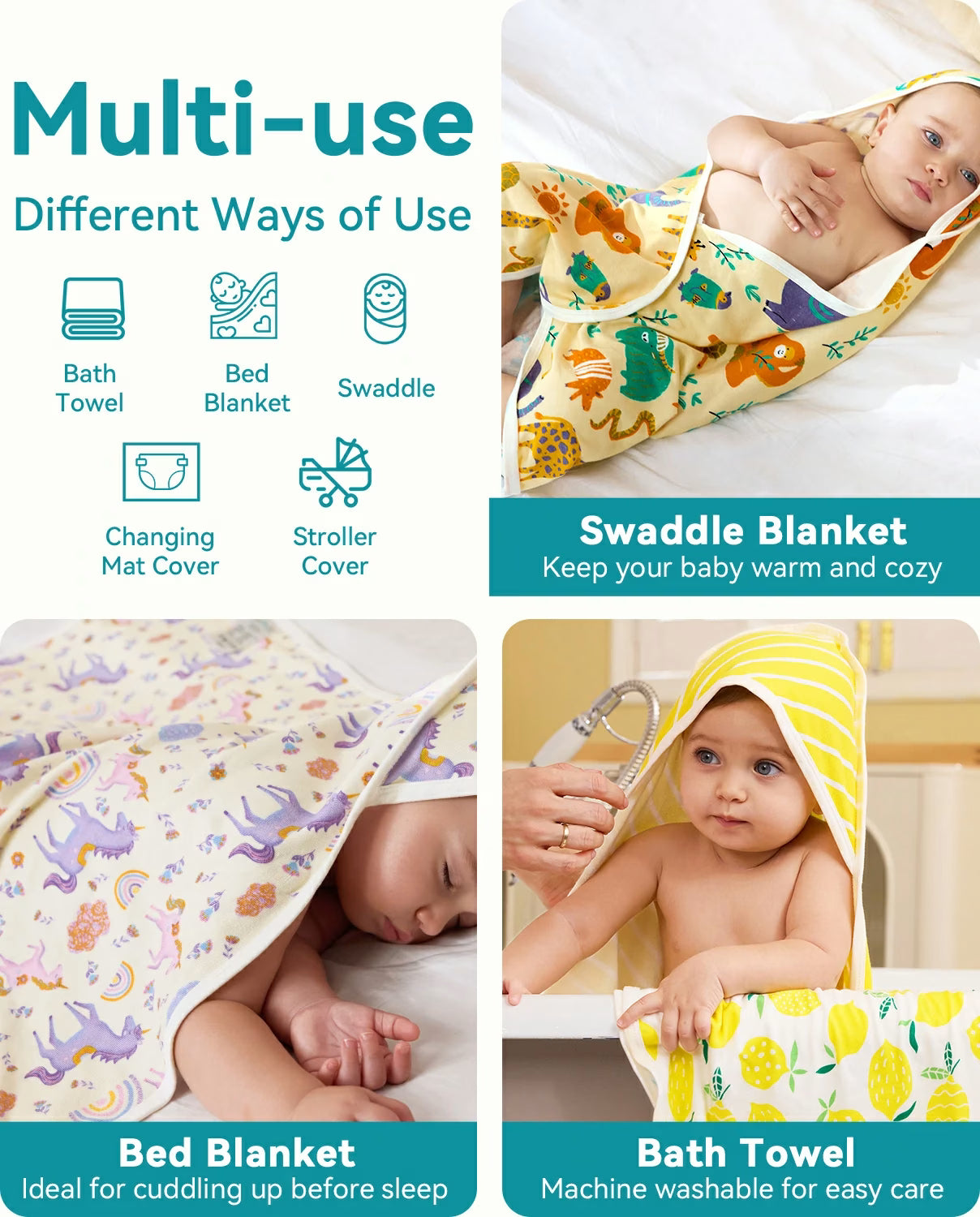 Dino Dreams Hooded Baby Bath Towels (2-Pack), multi-use infographic