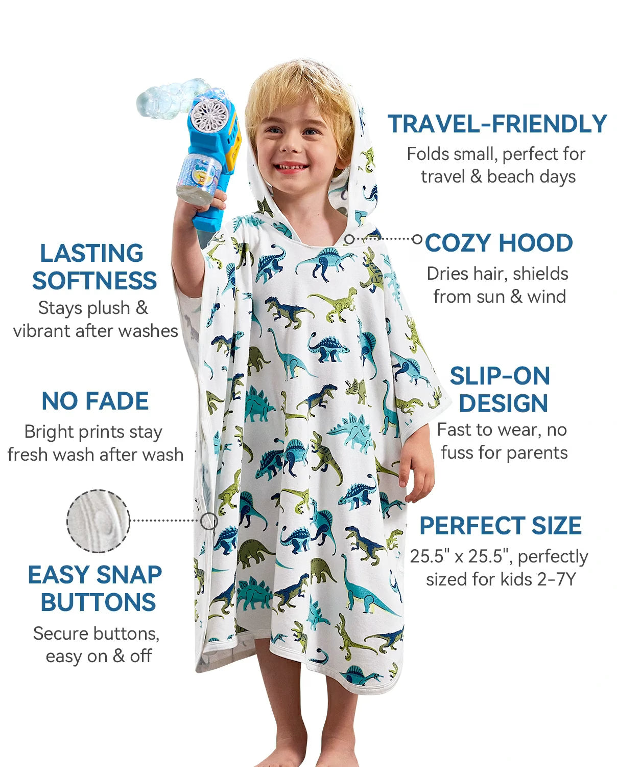 Dino Dreams Hooded Toddler Bath Towel, product features infographic