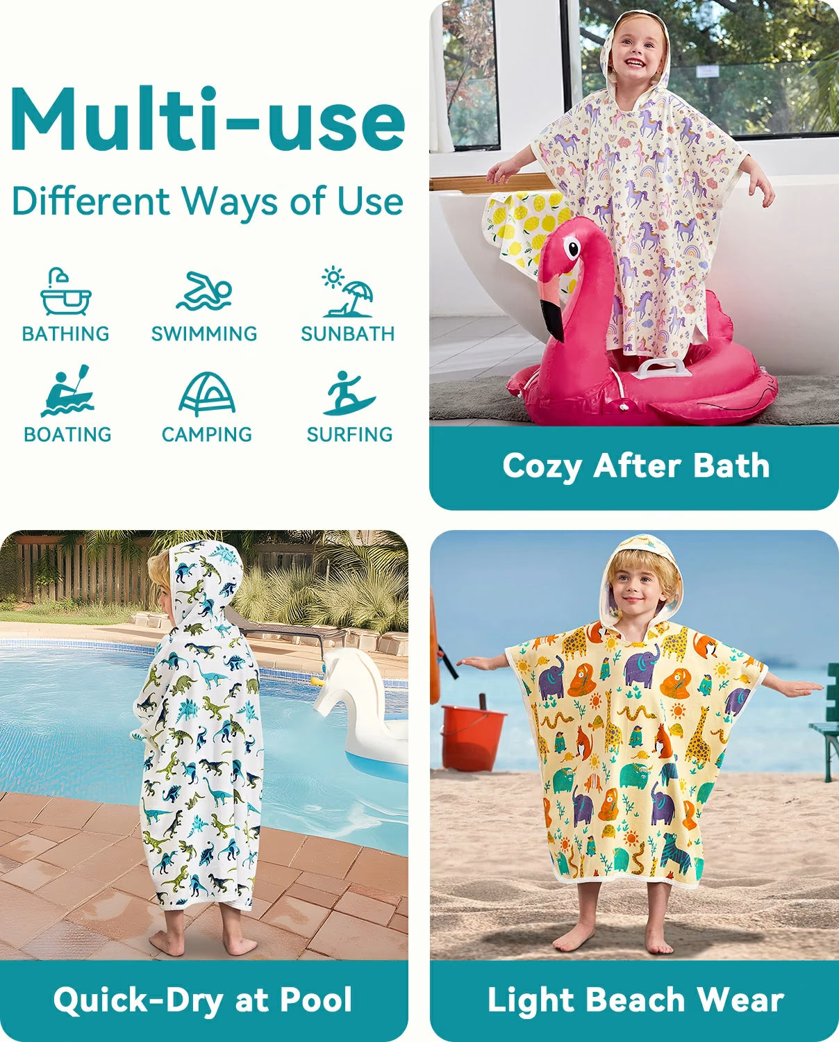Dino Dreams Hooded Toddler Bath Towel, multi-use infographic