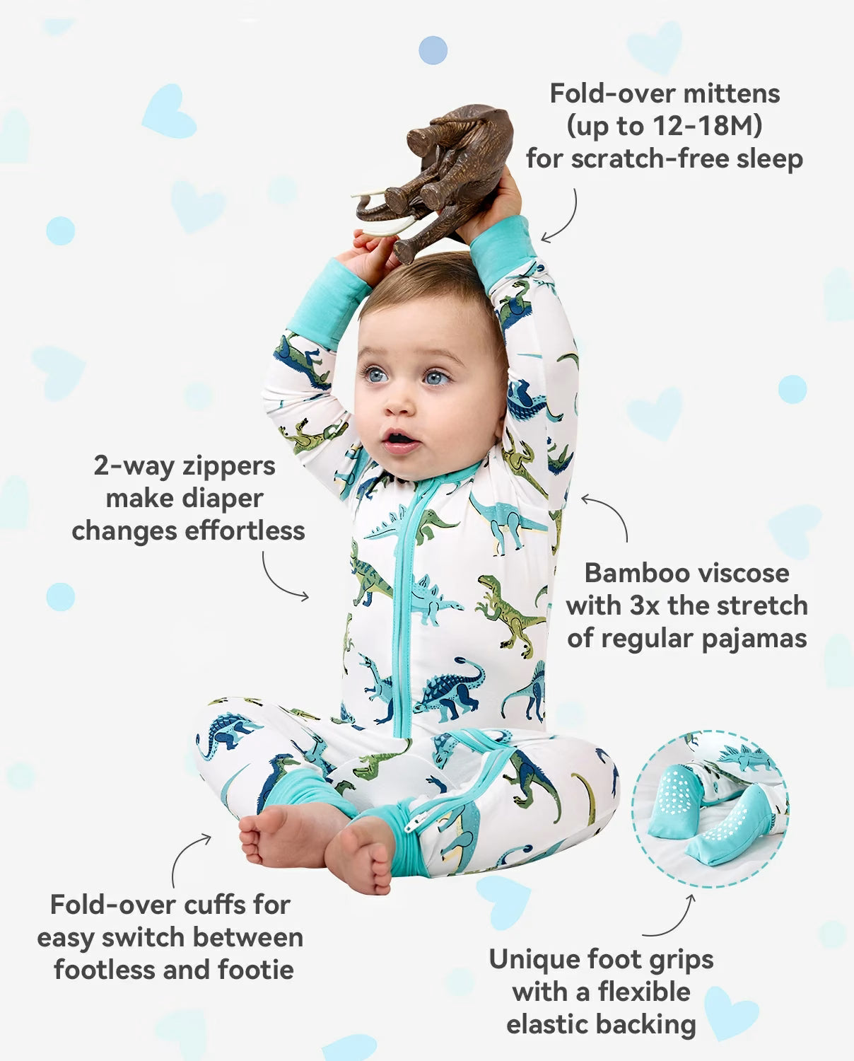 Dino Dreams Bamboo Zippy, dino dreams zippy romper features infographic 2 1
