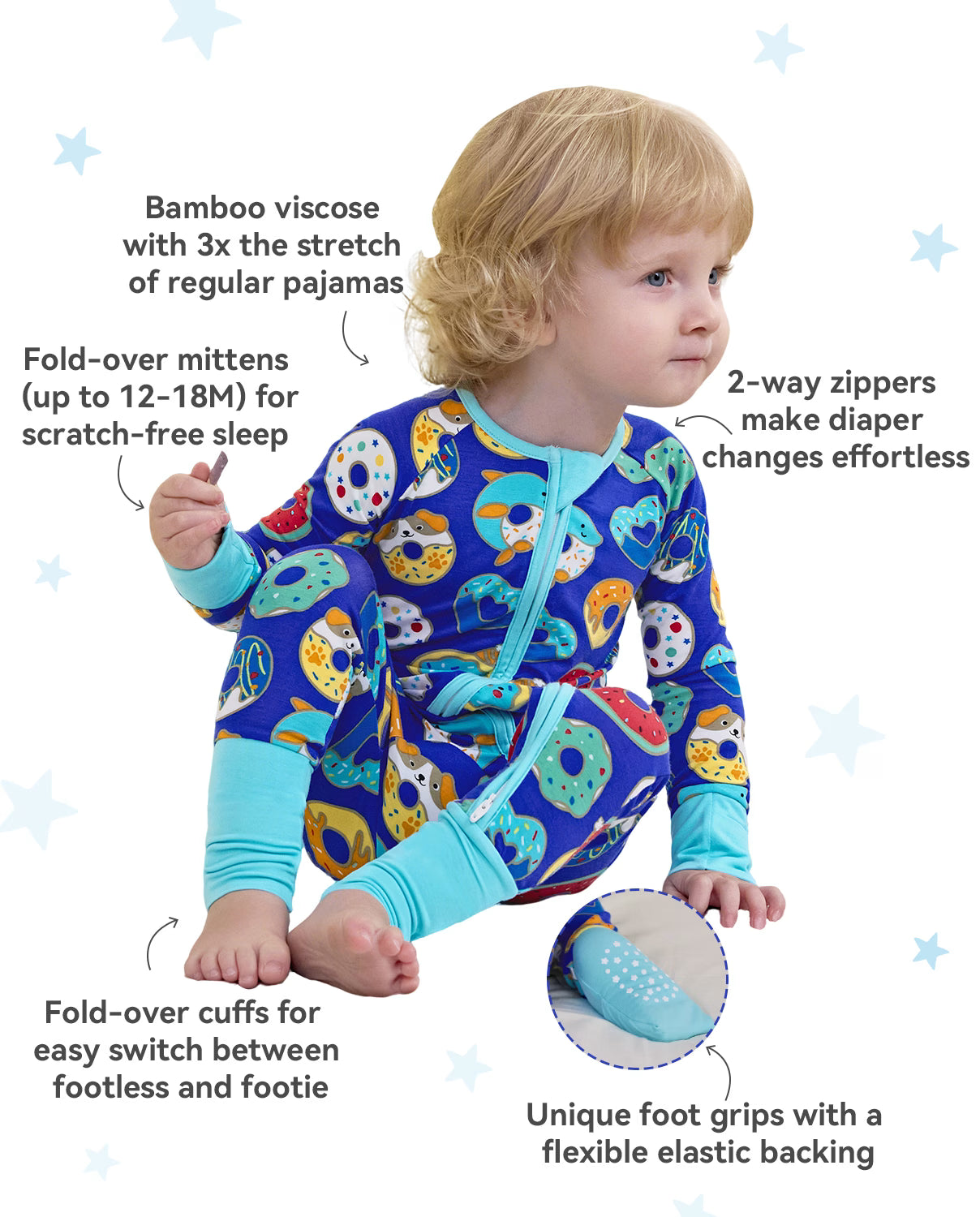 Donut Party Bamboo Zippy, donut party bamboo zippy features two way zip mittens cuffs grips 02