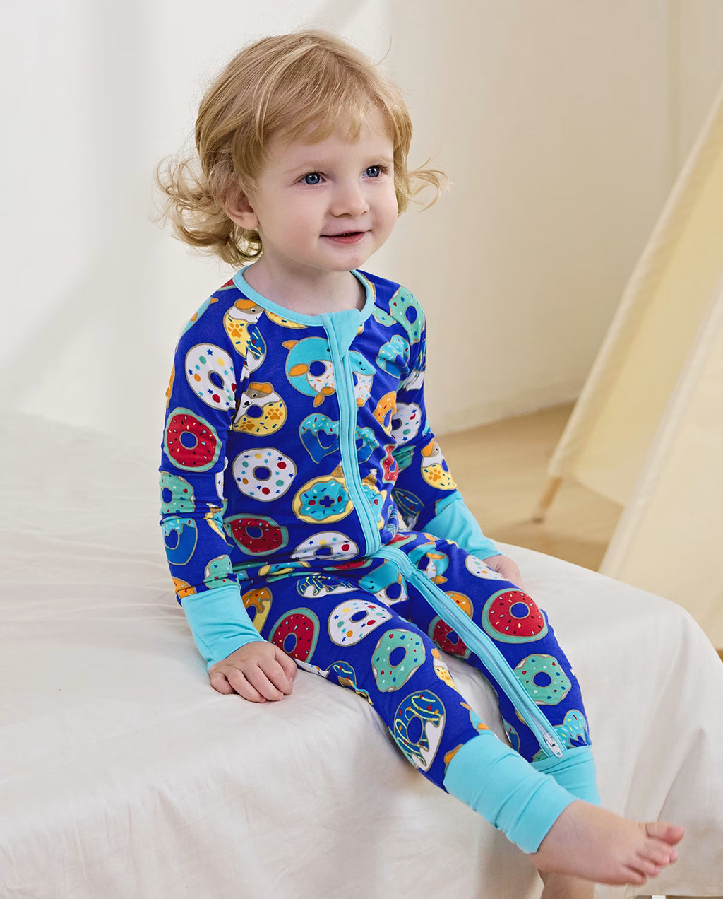 Donut Party Bamboo Zippy, donut party bamboo zippy lifestyle sitting on bed 03